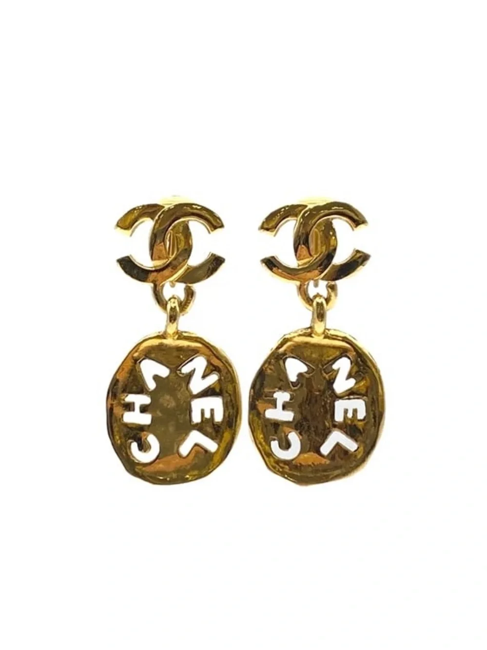 Authentic CHANEL vintage gold plated letter drop earrings clip ons